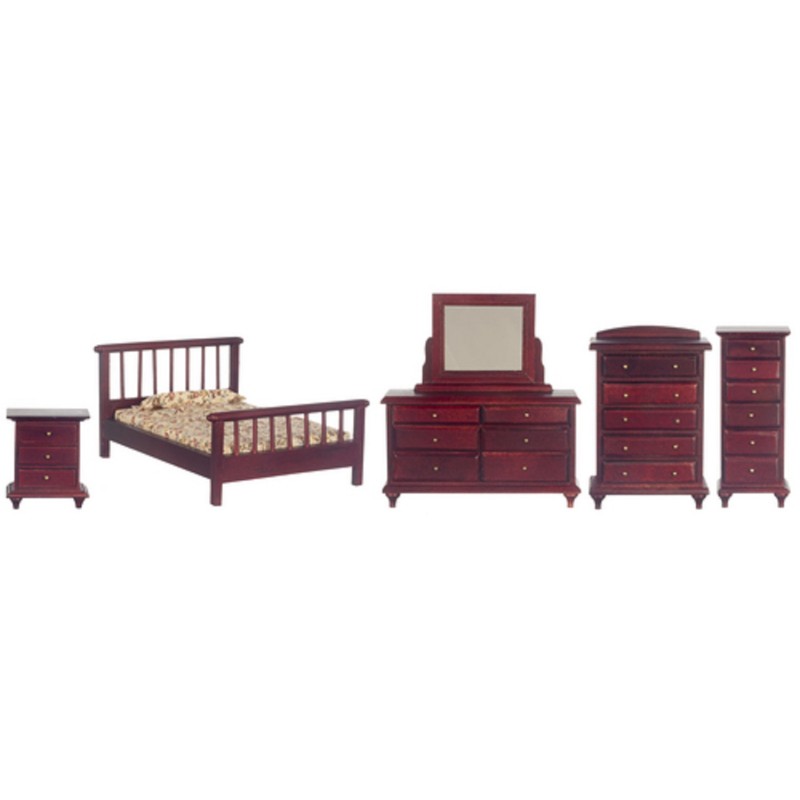 Dolls House Mahogany Double Bedroom Furniture Set Miniature Suite