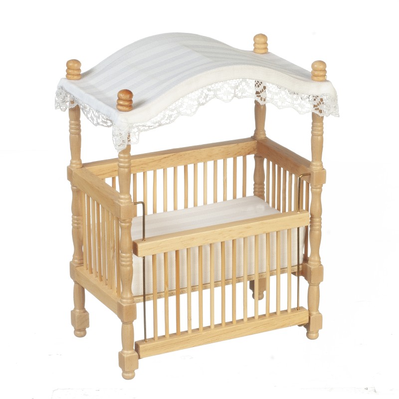 Dolls House Oak Wooden Cot Crib With Canopy Miniature Nursery Baby Furniture