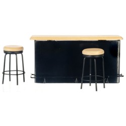 Dolls House Black Oak Breakfast Bar Counter & Stools Cafe Kitchen Furniture