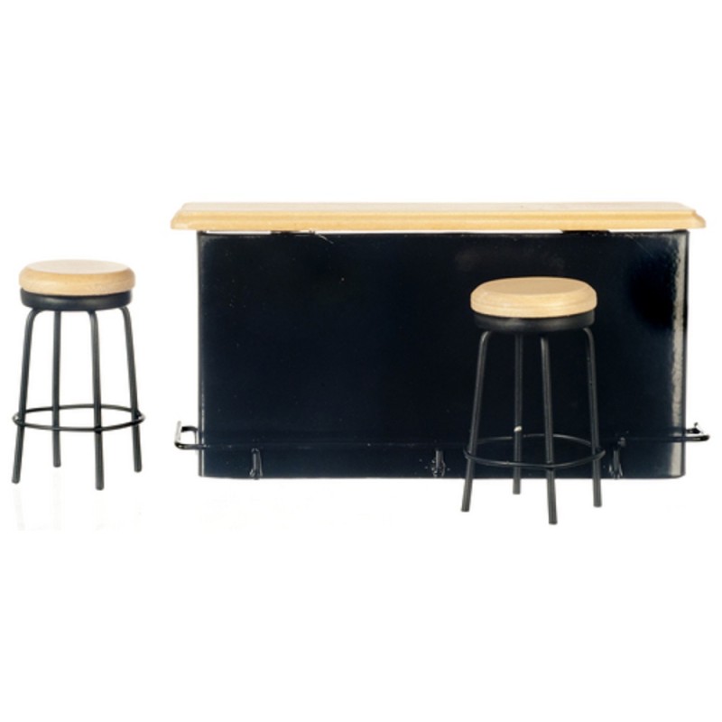 Dolls House Black Oak Breakfast Bar Counter & Stools Cafe Kitchen Furniture