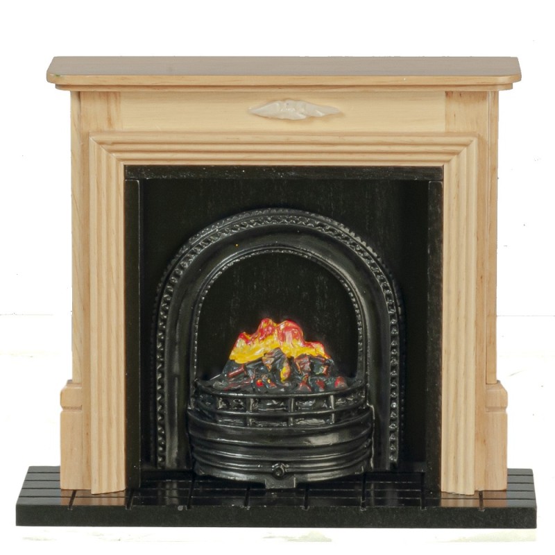 Dolls House Oak Fireplace with Fire in Black Grate Miniature Furniture 1:12