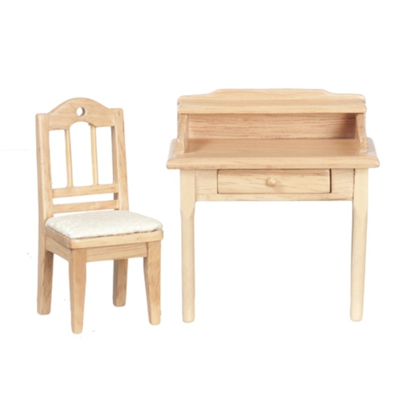Dolls House Light Oak Small Desk & Chair Miniature Study Office Furniture Set
