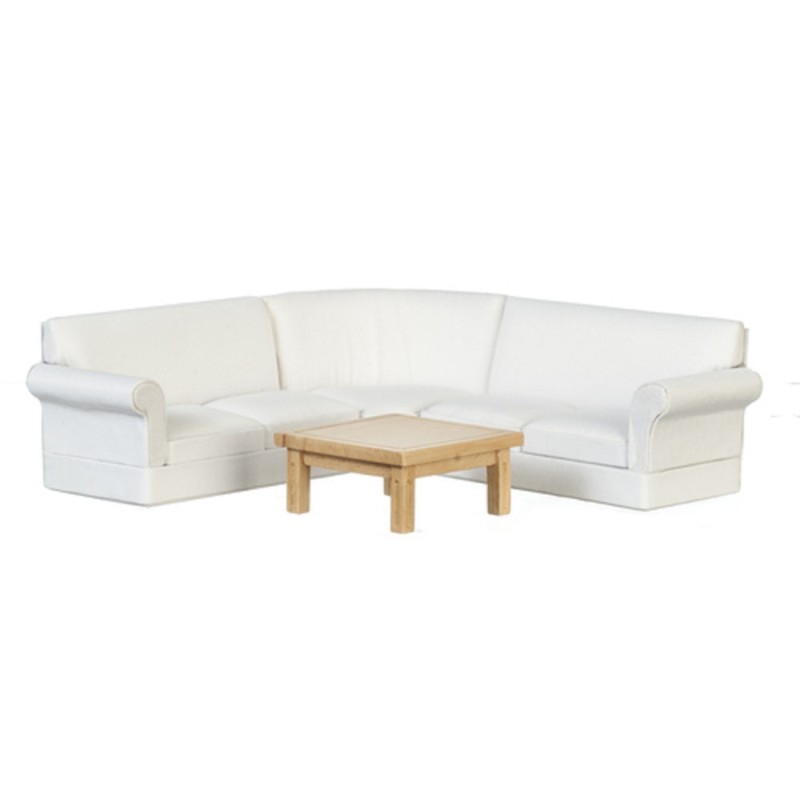 Dolls House White Corner Sofa & Light Oak Table Modern Living Room Furniture Set