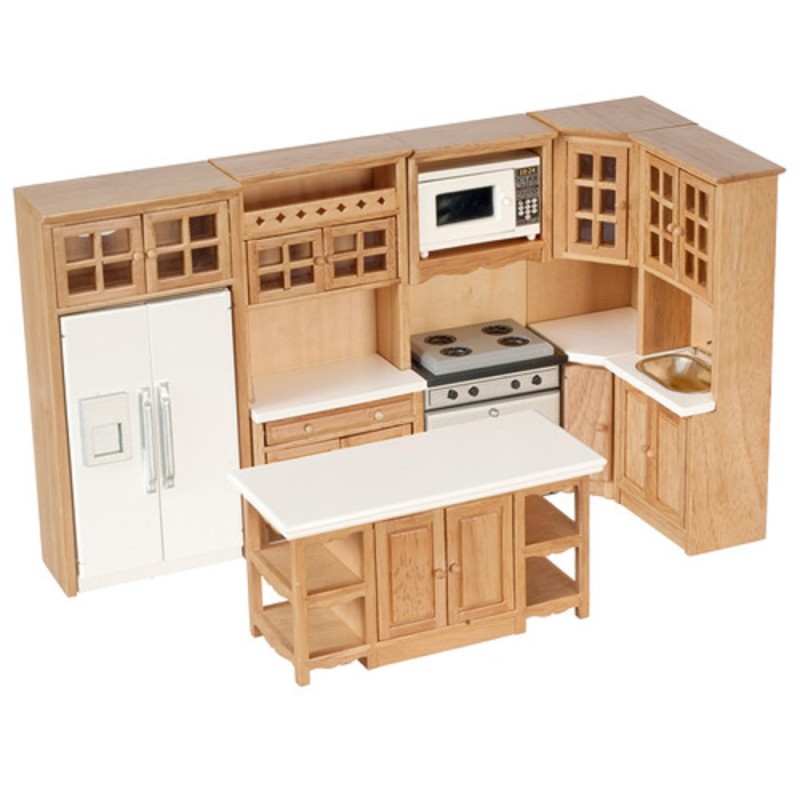 Dolls House Light Oak Modern Fitted Kitchen Furniture Set Miniature 1:12 Scale