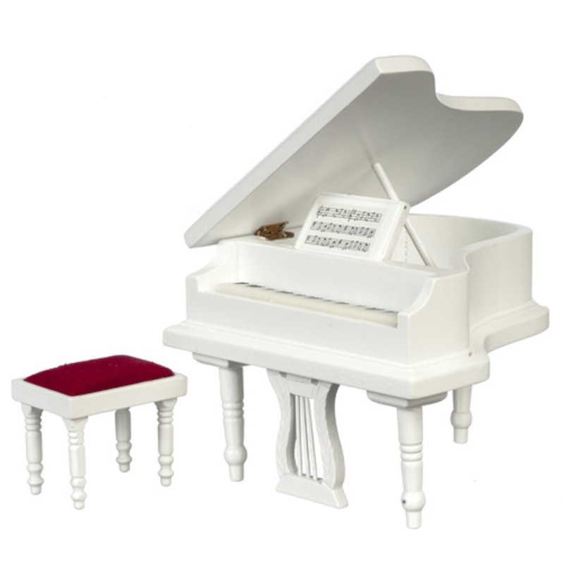 Dolls House White Grand Piano & Bench Stool Miniature Music Room Furniture 