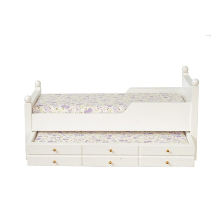 Dolls House White Wooden Single Trundle Guest Bed Miniature Bedroom Furniture 