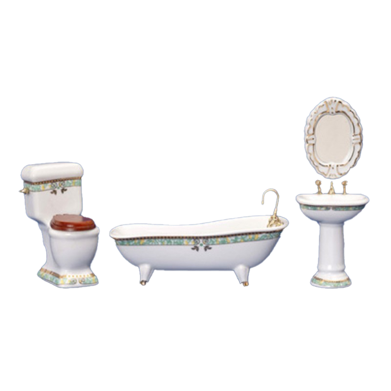 Dolls House Green Gold Bathroom Suite with Footed Bath Tub Furniture Set