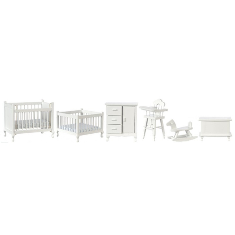 Dolls House White Nursery Furniture Set Miniature 6 Piece Baby Room 1:12 Scale