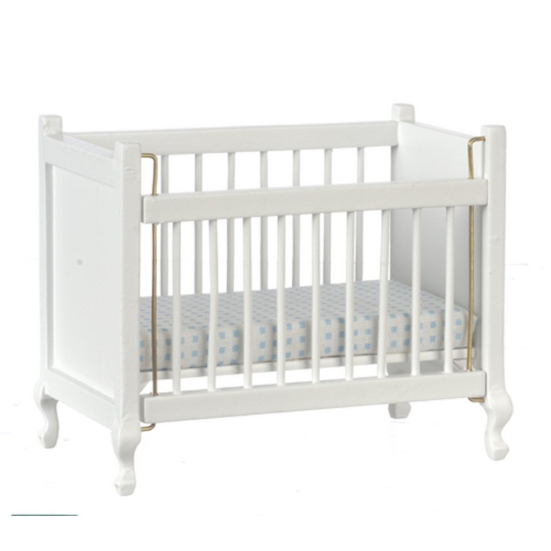 Dolls House White Cot Crib with Mattress Miniature Wooden Baby Nursery Furniture