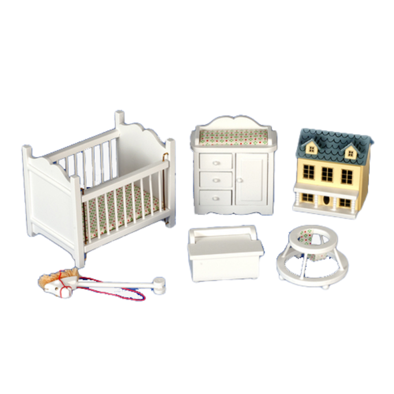 Dolls House Wooden White Nursery Furniture Set Miniature 6 Piece Baby Room 