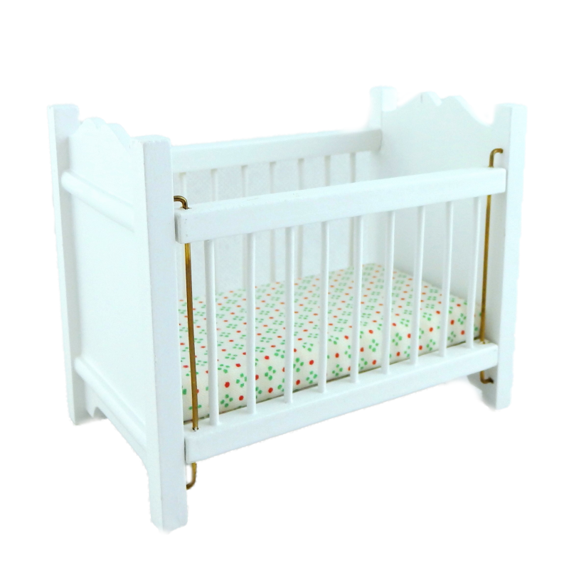 Dolls House White Wood Cot Crib Cherry Mattress Miniature Nursery Baby Furniture