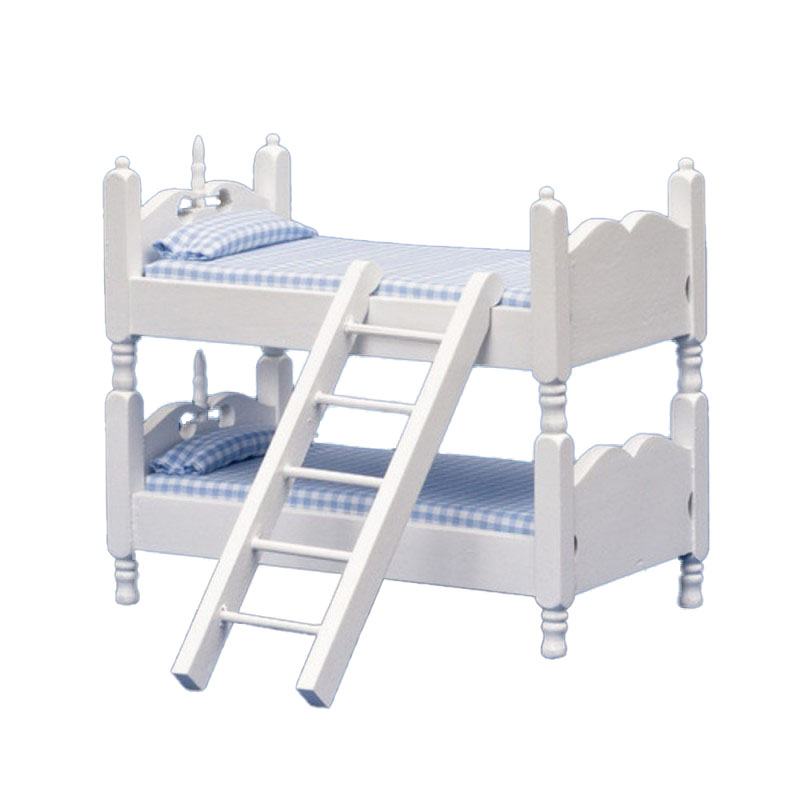 Dolls House White Wood Blue Gingham Bunk Twin Beds Miniature Bedroom Furniture