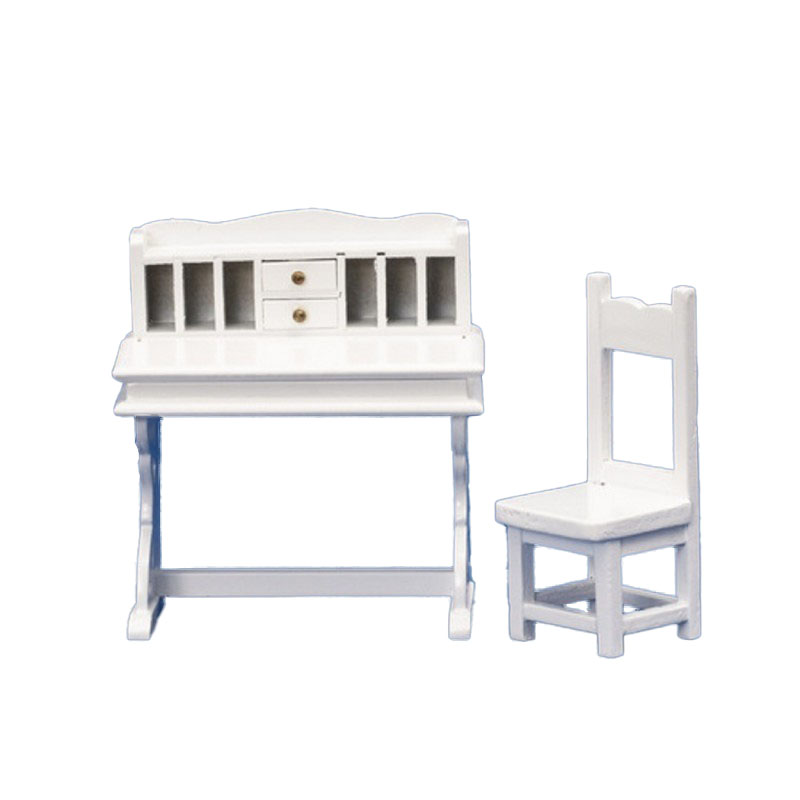 Dolls House White Wood Writing Desk & Chair Miniature Study Office Furniture