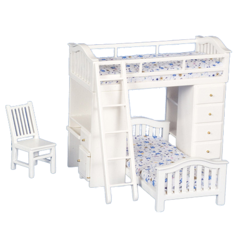 Dolls House White Bunk Bed Set with Desk Chair Miniature Teen Bedroom Furniture