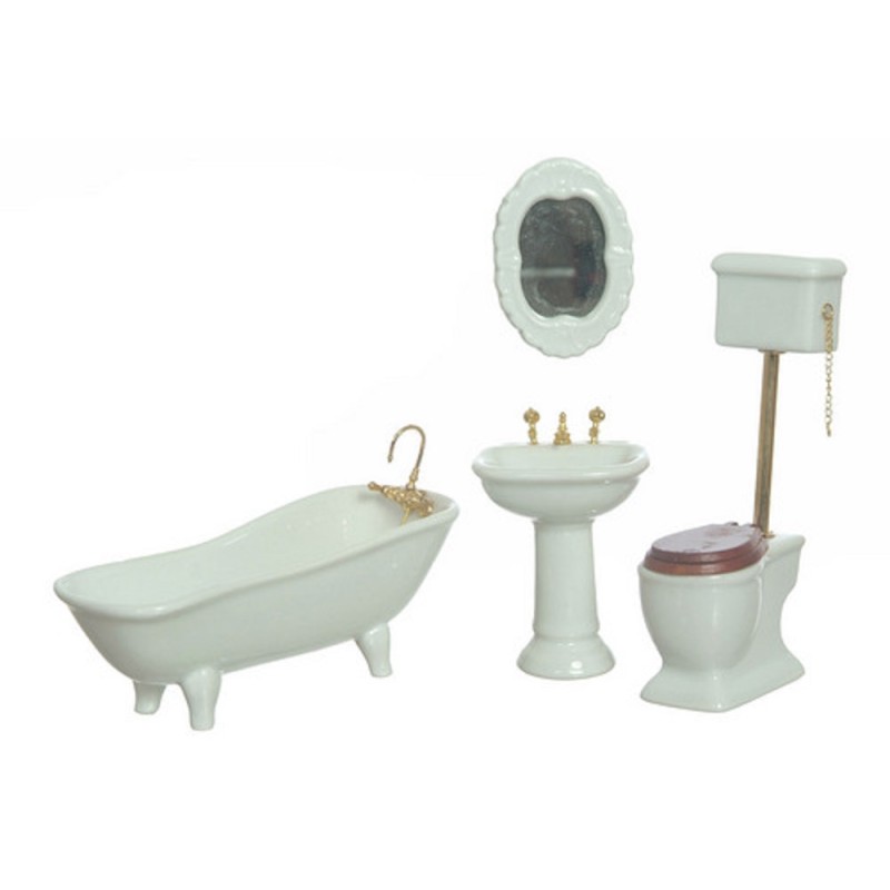 Dolls House Plain White Porcelain Bathroom Furniture Set with High Level Toilet