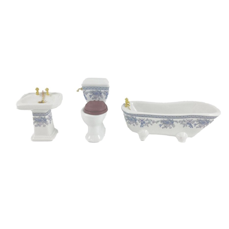 Dolls House Blue Floral Bathroom Suite Porcelain Miniature Furniture Set 1:12