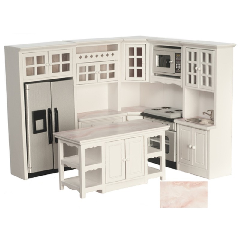 Dolls House Modern Fitted Kitchen Furniture Set Pink Marble Effect Worktops 8pc
