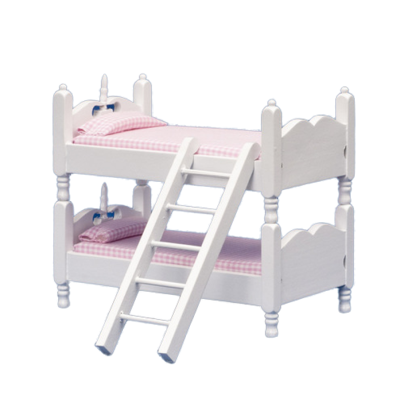 Dolls House White Wood Pink Gingham Bunks Bunk Beds Miniature Bedroom Furniture