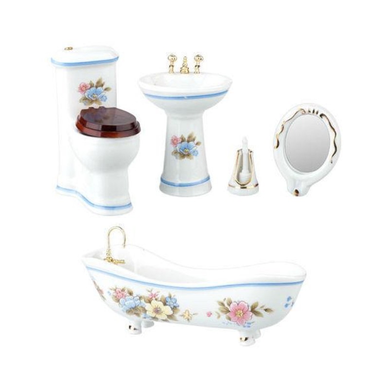 Dolls House White Porcelain Bathroom Suite Blue Trim Miniature Furniture Set