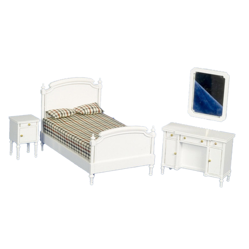 Dolls House White Wooden Shabby Chic Double Bedroom Furniture Set 1:12