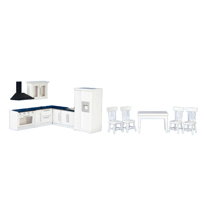Dolls House Modern Black & White Fitted Kitchen & Dining Furniture Set Wooden 