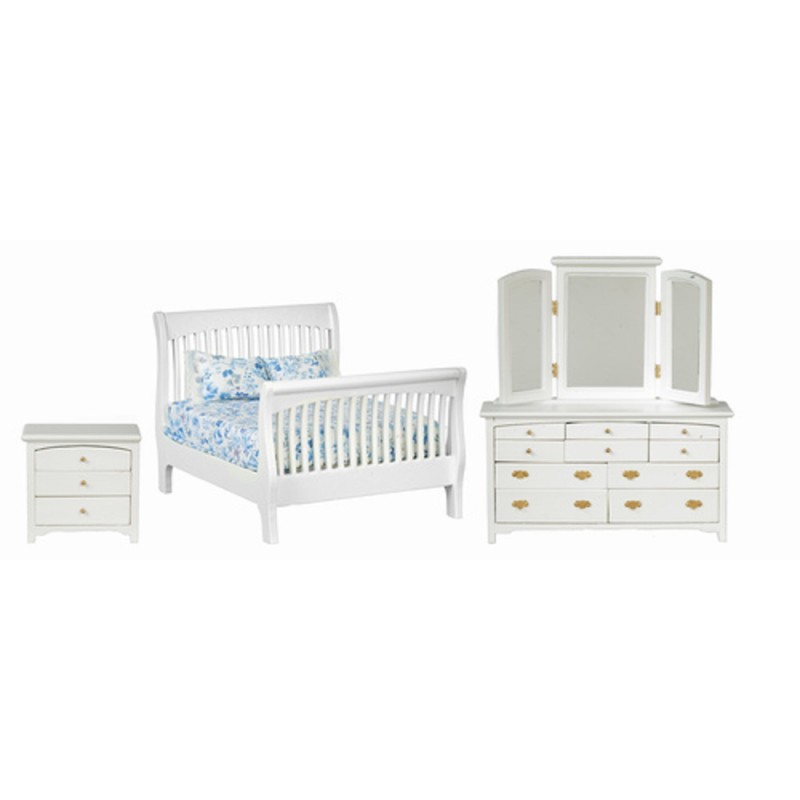 Dolls House White Double Bedroom Furniture Set with Slatted Sleigh Bed 1:12 