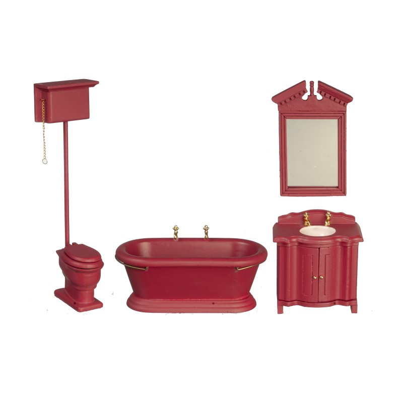 Dolls House Traditional Deep Red Wooden Bathroom Suite Furniture Set Miniature