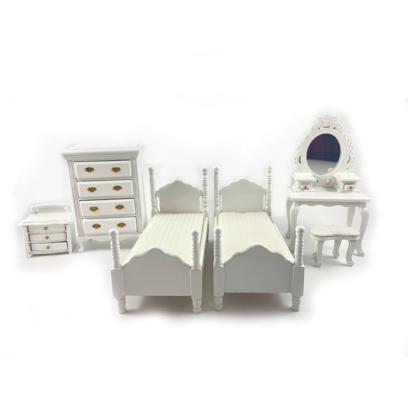 Dolls House White Bedroom Furniture Set Miniature with Twin Single Beds 1:12