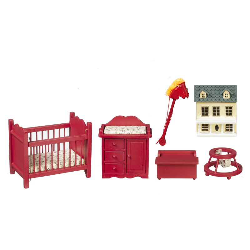 Dolls House Wooden Deep Red Nursery Furniture Set Miniature 6 Piece Baby Room 
