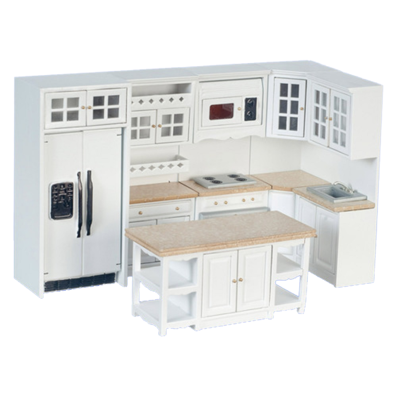 Dolls House Modern White Fitted Kitchen Furniture Set Marble Effect Worktops 8pc