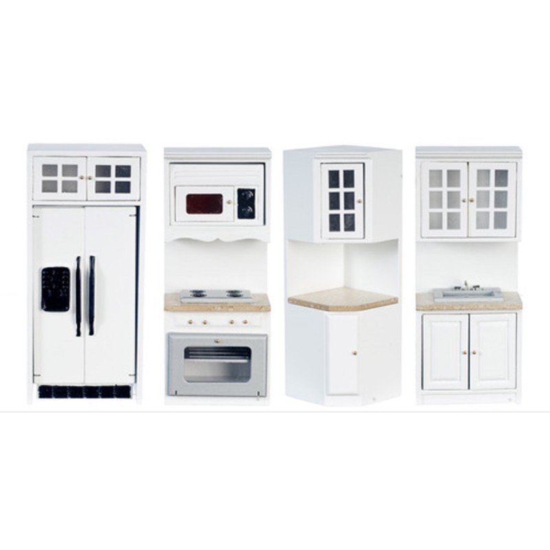 Dolls House Modern White Fitted Kitchen Furniture Set Marble Effect Worktops 4pc