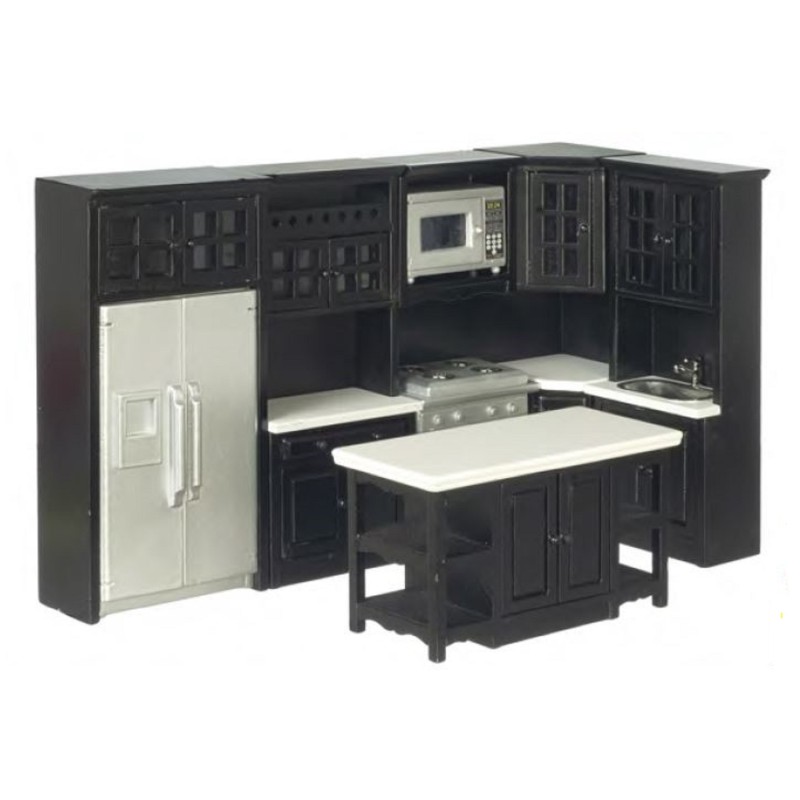 Dolls House Modern Black Fitted Kitchen Furniture Set Miniature Wooden 1:12