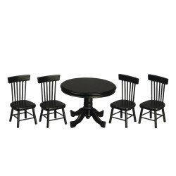 Dolls House Black Round Table & Chairs Miniature Dining Room Furniture Set