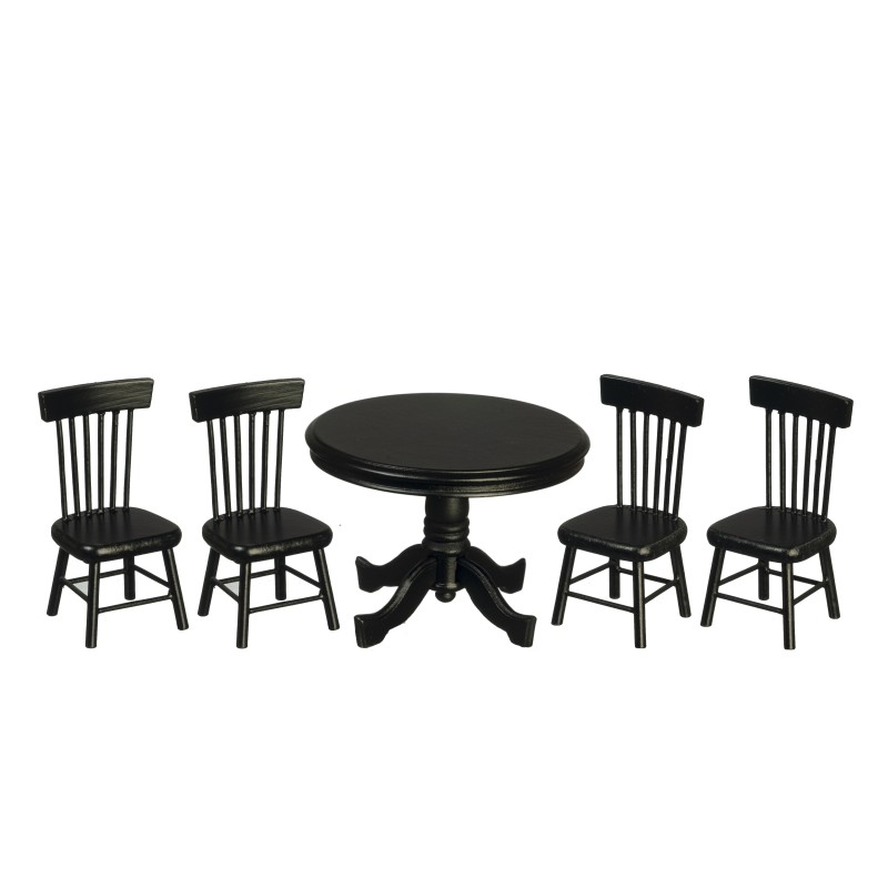 Dolls House Black Round Table & Chairs Miniature Dining Room Furniture Set