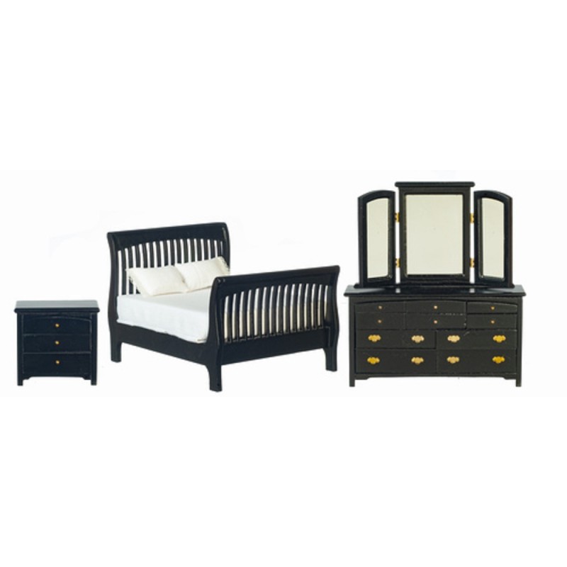 Dolls House Black Double Bedroom Furniture Set with Slatted Sleigh Bed 1:12 