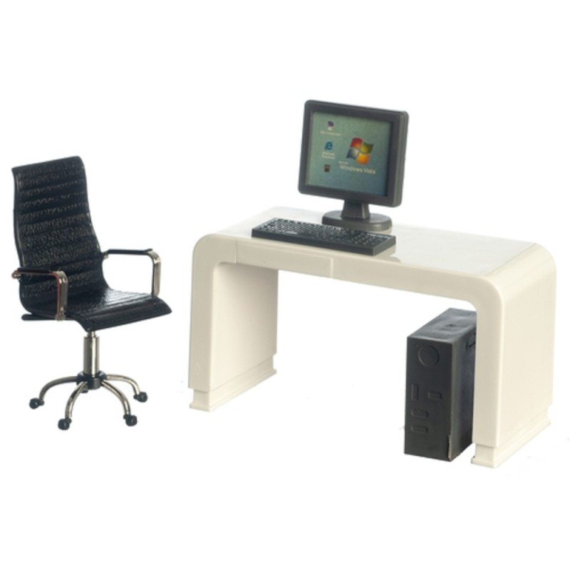 Dolls House White Computer Desk & Black Swivel Chair Modern Office Furniture Set