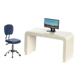 Dolls House White Computer Desk & Blue Swivel Chair Modern Office Furniture Set