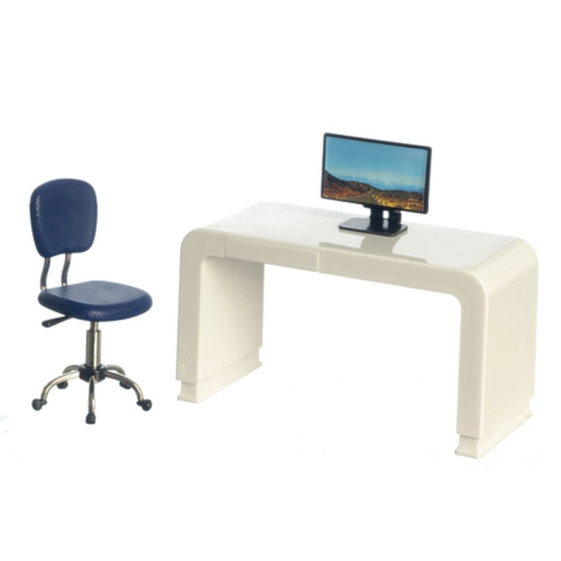 Dolls House White Computer Desk & Blue Swivel Chair Modern Office Furniture Set