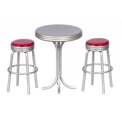 Dolls House Round Retro Tall Table & Red Stools 1950's Kitchen Diner Furniture
