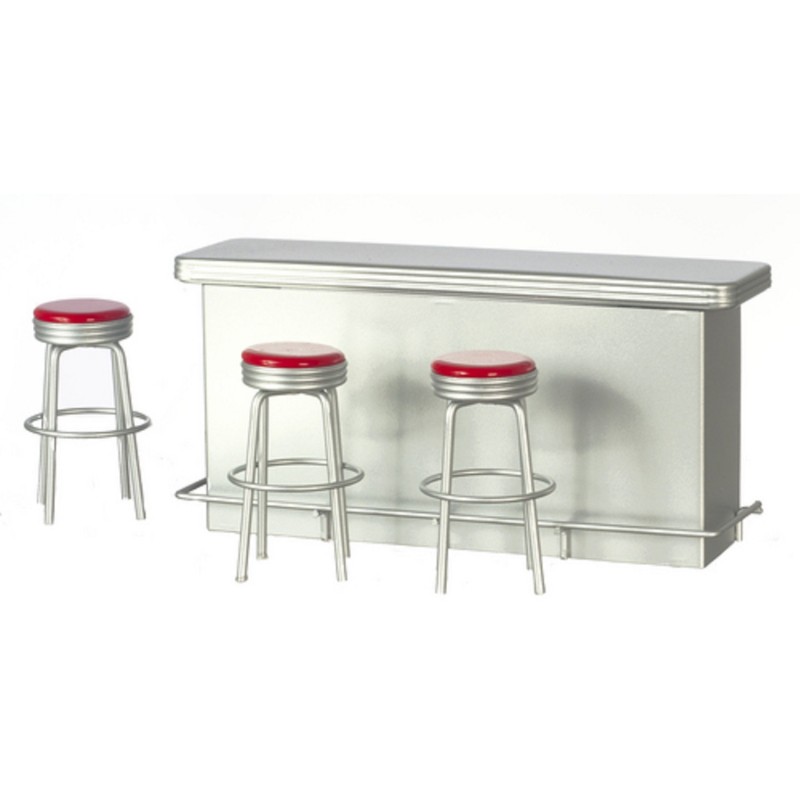 Dolls House Silver Breakfast Bar Counter & Red Stools Cafe Kitchen Furniture