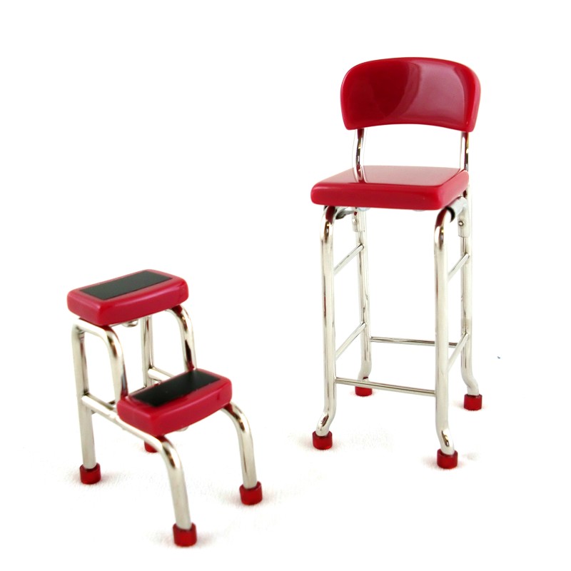 Dolls House Red Chrome Tall Chair Step Stool Miniature Kitchen Shop Furniture