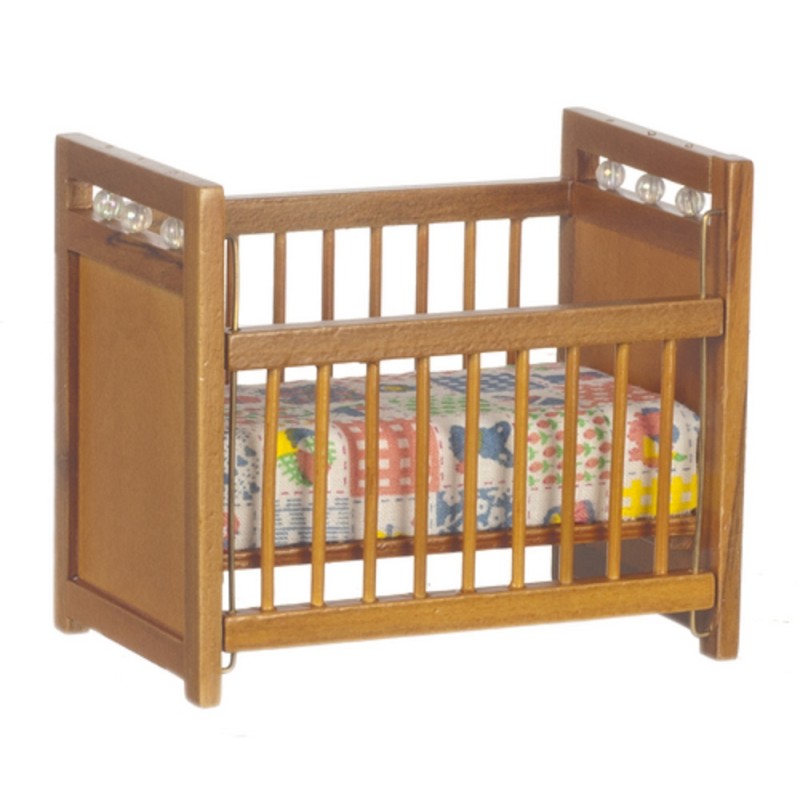 Dolls House Walnut Wooden Crib with Mattress Miniature Baby Nursery Furniture