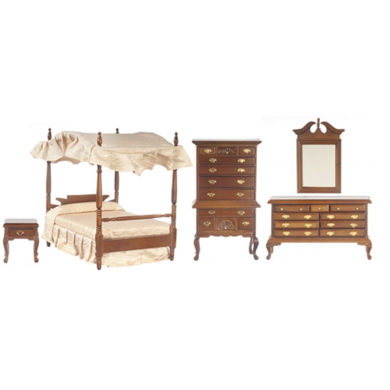 Dolls House Walnut Victorian Bedroom Furniture Set with Canopy 4 Poster Bed