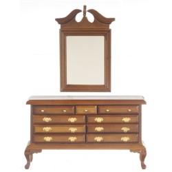 Dolls House Walnut Queen Ann Dressing Table Bedroom Furniture Chest & Mirror 