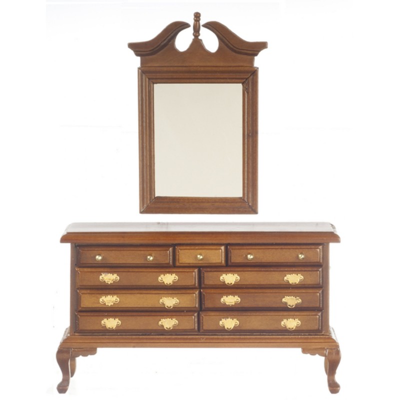 Dolls House Walnut Queen Ann Dressing Table Bedroom Furniture Chest & Mirror 