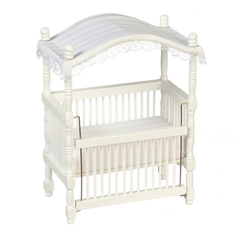 Dolls House White Wood Canopy Cot Crib Miniature 1:12 Nursery Baby Furniture
