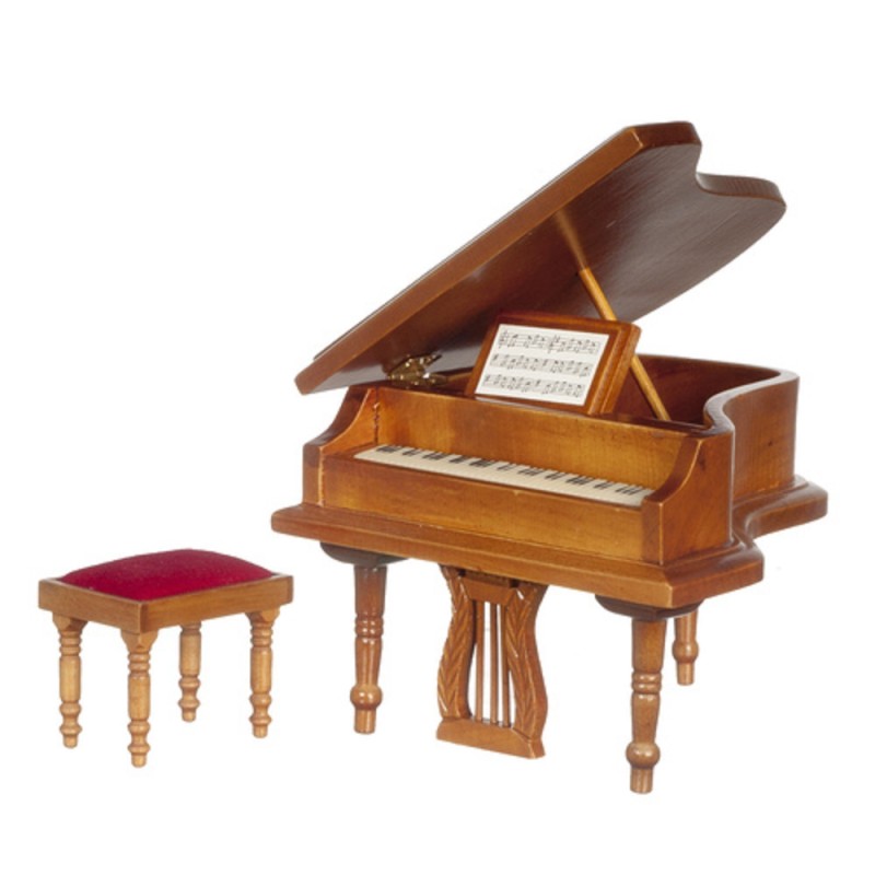 Dolls House Walnut Grand Piano & Bench Stool Miniature Music Room Furniture 