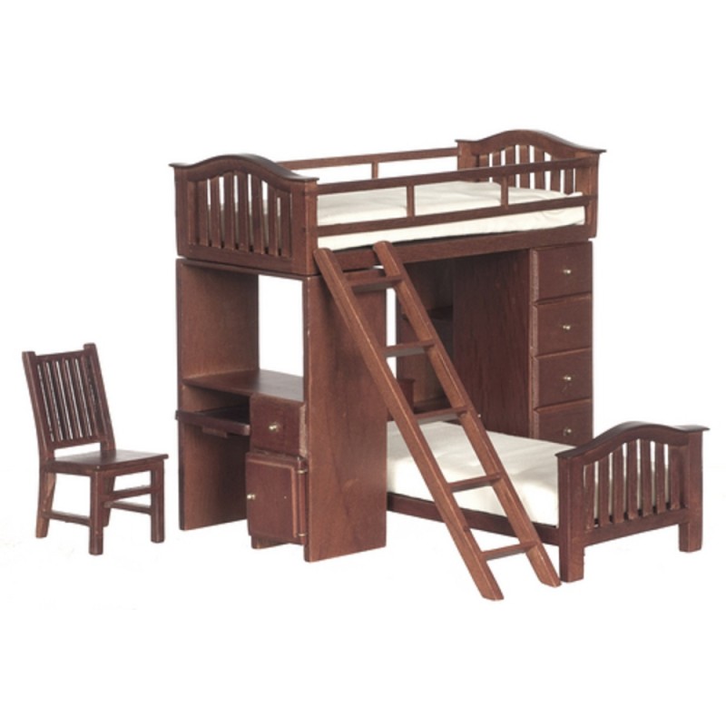 Dolls House Walnut Bunk Bed Set High Sleeper Miniature Bedroom Furniture Set