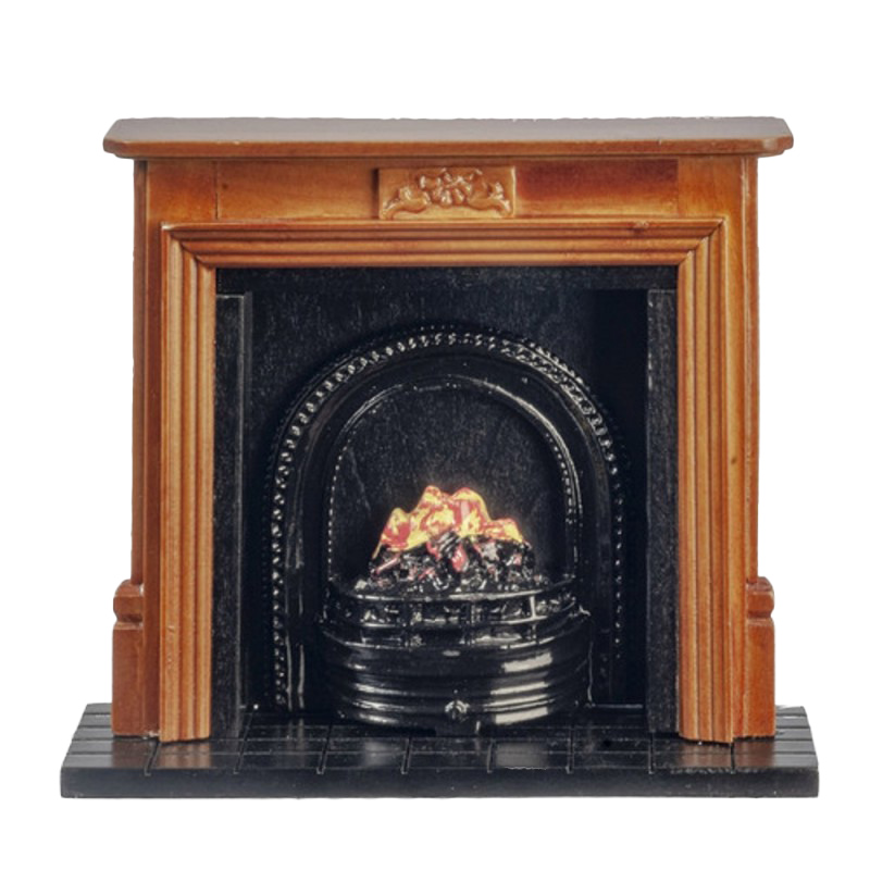 Dolls House Walnut Fireplace with Fire in Black Grate Miniature Furniture 1:12