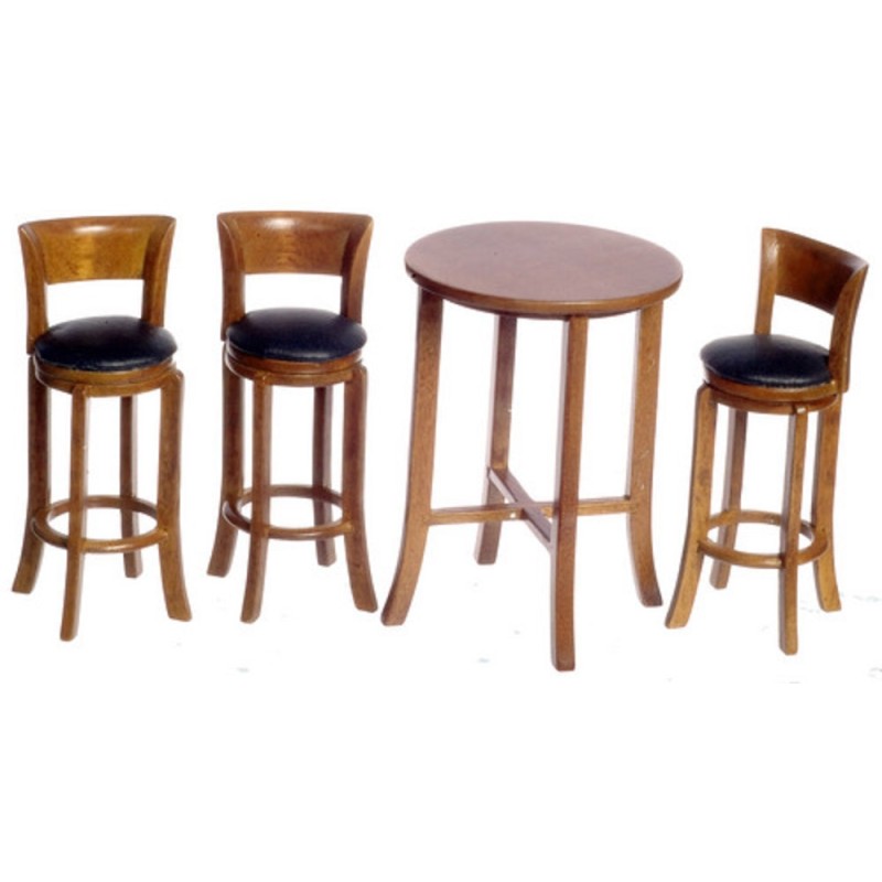 Dolls House Pecan Wood Tall Table & Bar Stools Miniature Dining Cafe Furniture 